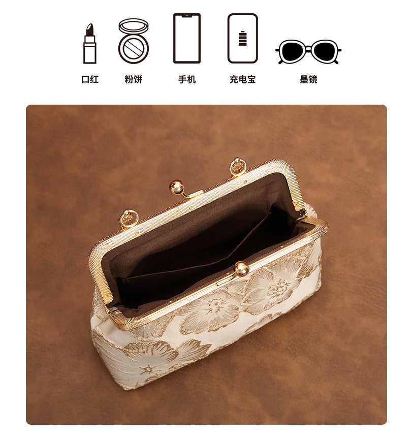 New Chinese style cheongsam bag with elegant temperament, banquet clip bag, solemn hand-held mouth, gold bag, pearl bag, crossbody