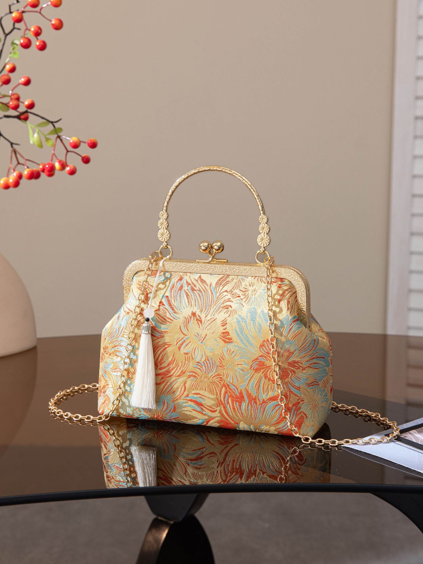 Handbag New Song Jin Bag Retro Flower Cheongsam Banquet Bag Women's Chinese Style Cross Shoulder Small Bag Chain Evening Bag